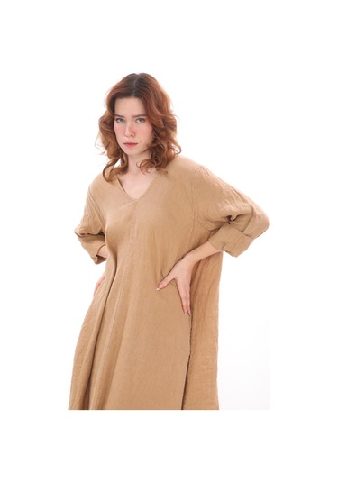 İtalyan V Yaka Uzun Kol Keten Elbise-8907 Camel