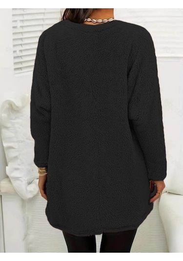 Leyla Sanat Sanata Yeni Bir Bakış Açısı Kadın Uzun Kollu Yuvarlak Yakalı Cepli Peluş Bluz Siyah