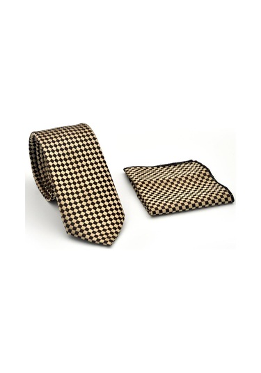 Kahverengi Piti Kare Desenli Bej Dokuma Kumaş Mendilli Slim Fit Kravat // Sdk-2503-5 Bej