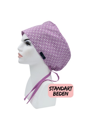 Standart Beden Lila Geometrik Desen Cerrahi Bone Doktor Hemşire Sağlıkçı Hastane Bonesi Renkli