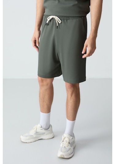 Haki Pamuklu Kalın Yumuşak Dokulu Oversize Fit Basic Erkek Şort Takım - 85257