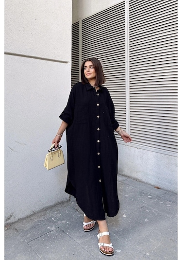 Kadın Siyah Muslin Kumaş, Yarasa Kol, Eteği Oval, Çift Cepli, Uzun Oversize Salaş Gömlek Elbise Siyah