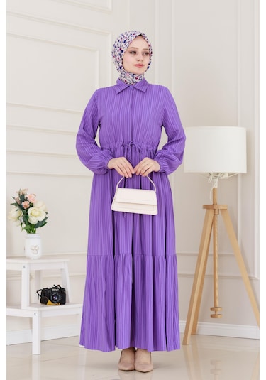 Gömlek Yaka Beli Tünelli Sare Elbise-mor-5069 Mor