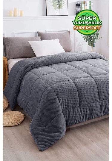 Ultra Yumuşak Çift Taraflı Wellsoft Peluş Yorgan Çift Kişilik Yıkanabilir 200x220 Cm Antrasit Antrasit