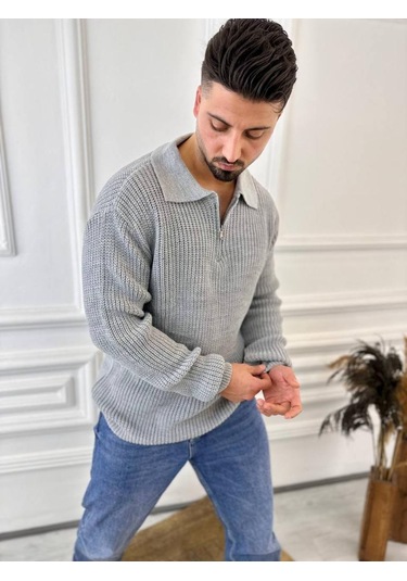 Kazak Oversize Tüylenmez Naturel Pamuk Fermuarlı Polo Yaka Örme Triko Kazak Gri
