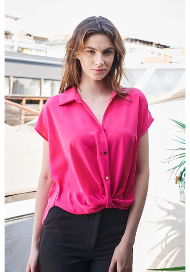 Likrasız Şık Kumaş Yakalı Düşük Omuzlu Önü Pileli Gömlek-Fujya Fujya