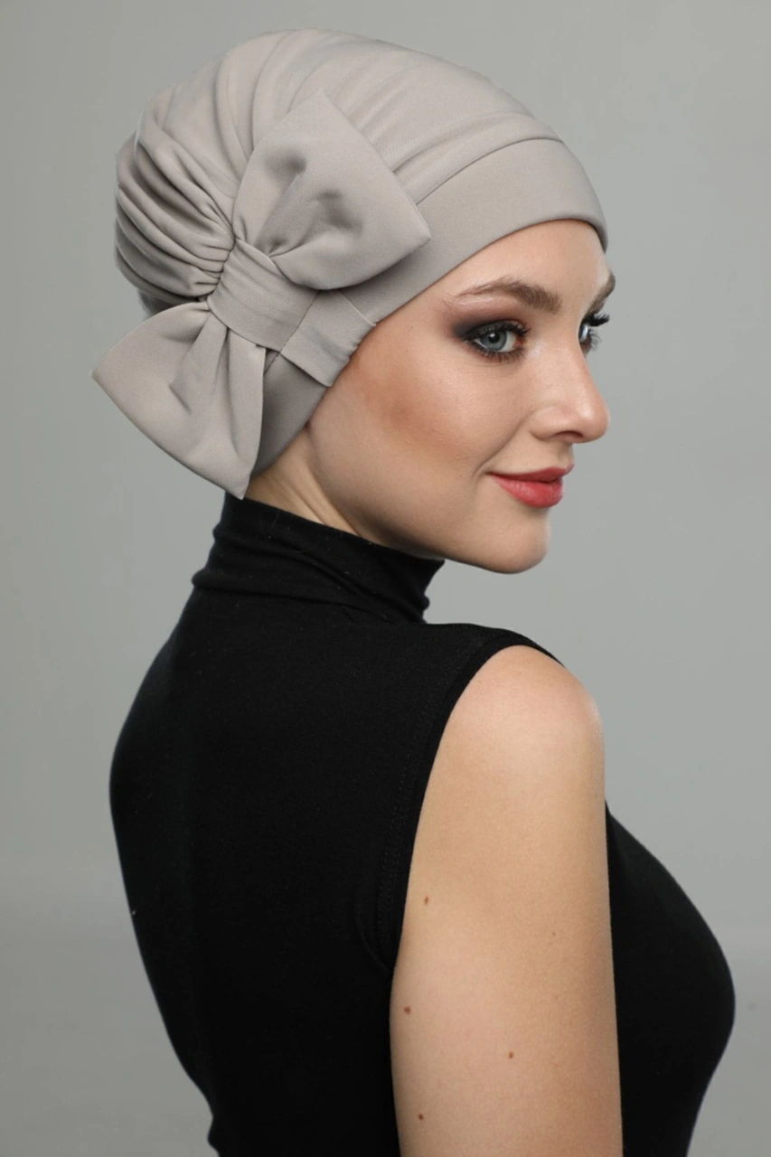 Fiyonklu Kum Beji Hazır Türban Tesettür Havuz Bonesi Kum Beji