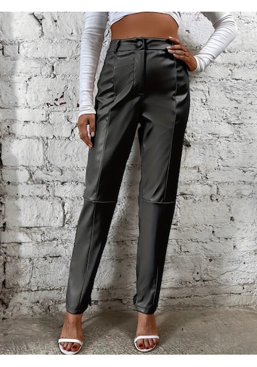 Modaserdem Kadın Yüksek Bel Önden Düğmeli Deri Pantolon Siyah