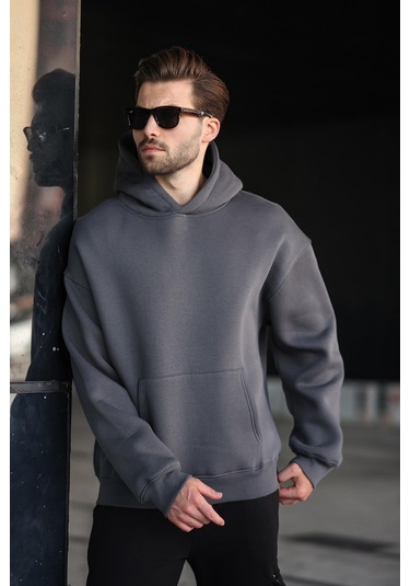 Füme Kapüşonlu Kanguru Cep Erkek Sweatshirt E7169 Füme