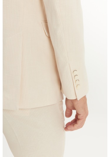 Erkek Bej Slim Fit Dar Kesim Kırlangıç Yaka Kapak Cepli Çizgili Esnek Takım Elbise Bej