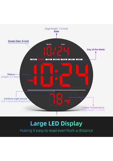 Llr083 20 Cm Çaplı Çok İşlevli Led Dijital Duvar Saati, Sıcaklık, Tarih, Hafta Göstergeli - Kırmızı Kırmızı