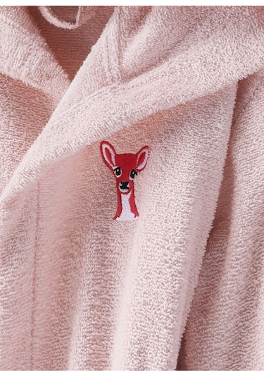 Ceylan Nakışlı Kapüşonlu Çocuk Bornoz Pudra