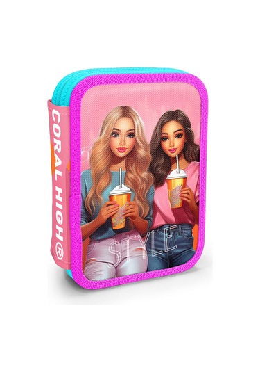 Coral High Kids Pembe Neon Mercan Fashion Girl Desenli Çift Katlı Kalem Çanta 11141 Neon Mercan