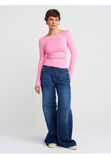 Dilvin 31401 Büzgülü Kayık Yaka Top-pembe Pembe