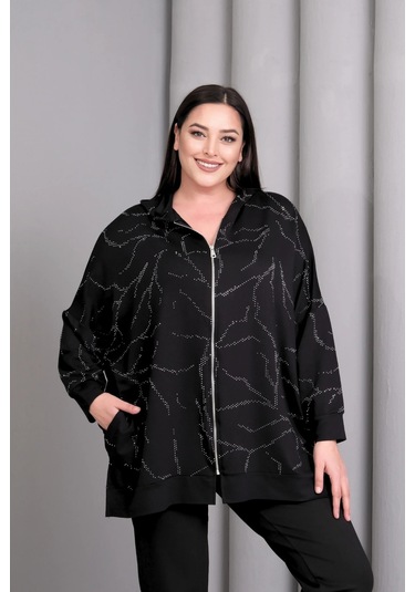 Kapüşonlu Fermuarlı Taş Baskılı Ceket Siyah