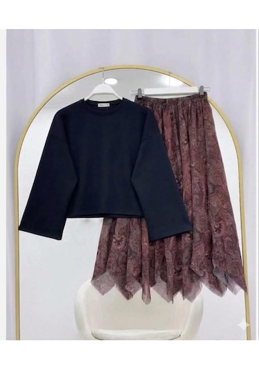 Lovie Moda Basic Bluz Asimetrik Kesim Astarlı Şifon Etekli Takım Siyah-bordo