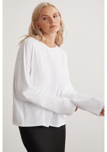 Basıl Kadın %100 Pamuk Bisiklet Yaka Oversize Fit Uzun Kollu Beyaz T-shirt