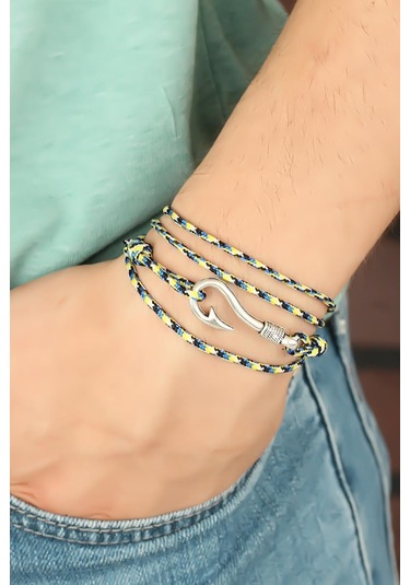 Sarı Mavi Çizgi Desenli Gümüş Renk Metal Kancalı Erkek Bileklik Çok Renkli