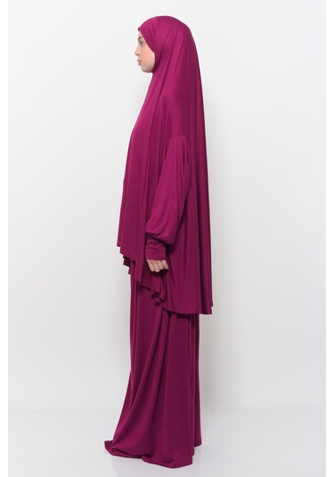 Pratik 2 Parça Pamuklu Yarasa Kollu Başörtülü Tesettür Namaz Elbisesi Koyu Fuşya Antrasit