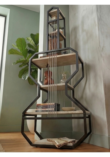 Gitar Ünite Metal Raflı Kitaplık Traverten Mdf