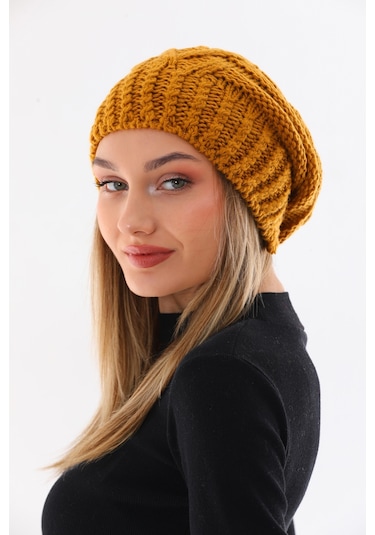 Kadın Kalın Hardal Örgü Ponponlu Bere Hardal