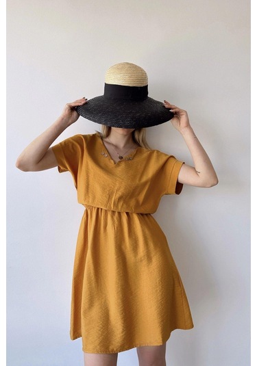 Kadın Hardal Kısa Kol, Kalp Yaka, Dokulu Desen, Bele Oturan, Aerobin Lastikli Bel Midi Elbise Hardal