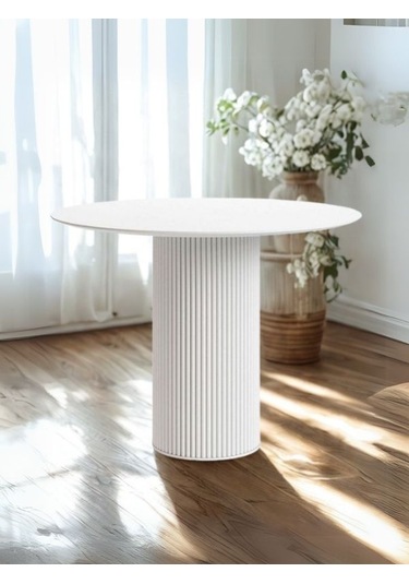 Vintage Yuvarlak Ahşap Bohem Masa 110x110 Beyaz