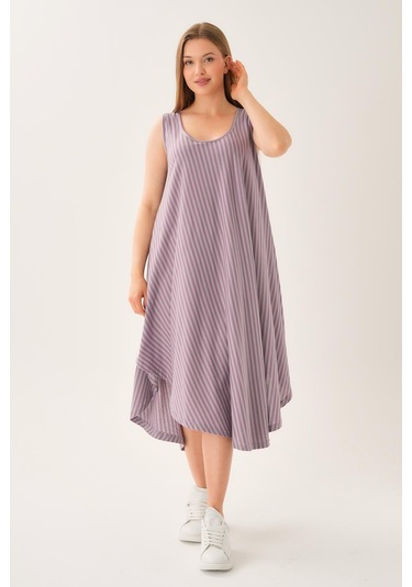 Asimetrik Kesim Çizgili Kolsuz Elbise Lila