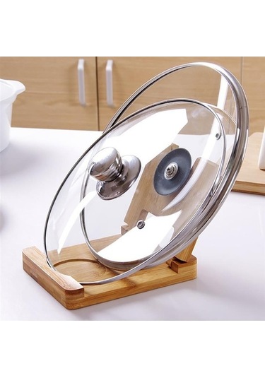 Pazly Çevre Dostu Bambu Pot Tutucu Kapak Tutucu, Mutfak Eşyası Rafı, Drenaj Tavası, Bambu Malzeme, 17x13.5x14cm, Yeni Model Doğal