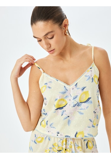 Koton V Yaka İnce Askılı Limon Baskılı Pamuklu Pijama Üstü Ekru Desenli 5slk90012mw Ekru Desenli