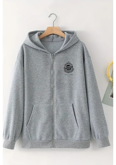 Unisex Gri Kapüşonlu Fermuarlı Hırka California Logo Baskılı, Şardonlu Kalın Kumaş Gri