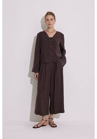 Modal Pileli Geniş Pantolon Acı Kahve Acı Kahve