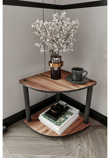 2 Katlı Dekoratif Köşe Kitaplık Ceviz Ceviz