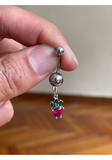 Cerrahi Çelik Piercing Taşlı Çilek Piercing Çilekli Göbek Piercingi Gümüş