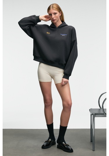 Grımelange Luxe Kadın Renk Nakışlı Ve Arkası Baskı Detaylı Kapüşonlu Antrasit Sweatshirt Antrasit