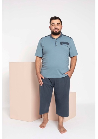 Erkek Büyük Beden 3 Düğme %100 Pamuk Kısa Kol Cepli Kapri Bermuda Pijama Takımı Açık Mavi