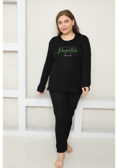 Fames Pijama Büyük Beden Fitilli Pijama Takim Siyah