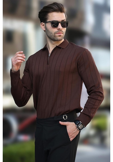 Madmext Kahverengi Polo Yaka Fermuarlı Örme Kazak 7242-kahverengi Kahverengi