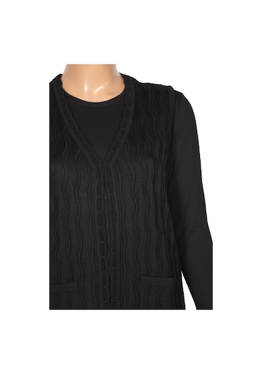 Hesna Kadın Gizem Ajurlu Cepli Siyah Triko Yelek Siyah