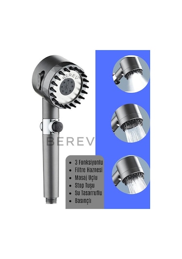 Yeni Nesil Masaj Uçlu Filtreli Stop Tuşlu 360 Döner 3 Fonksiyonlu Su Tasarruflu Basınçlı Duş Başlığı Gri - Gümüş