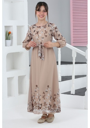 Kız Çocuk Astarlı Tam Boy Çiçek Desenli İç Göstermeyen Şık Ve Rahat Uzun Elbise Bej-beyaz