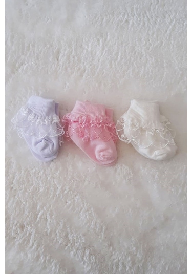 3lü Kız Bebek Dantelli Çorap Pamuklu Likralı Esnek Renkli Çok Renkli