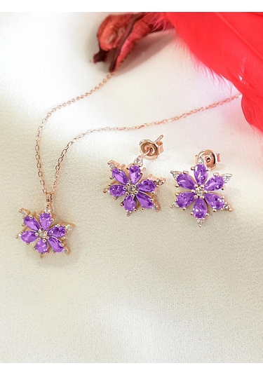 Brezza Lusso Jewelry 925 Ayar Lotus Çiçeği Ametist Taşlı Rose Kadın Kolye Küpe Set 40962551 42 CM 42 CM