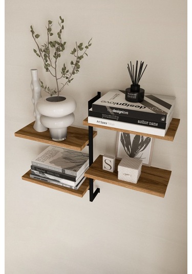 Aju 4 Katlı Duvar Rafı Metal Çerçeveli Dekoratif Kitaplık Ve Raf Ünitesi Modern Ve Minimalist Tasarımm Siyah