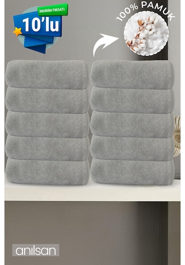 10'lu Gri El Havlusu - 50x90 Cm, 225 Gr, %100 Pamuk, Spa Ve Otel Havlusu, Günlük Kullanıma Uygun Gri