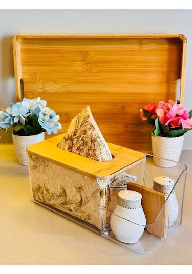 Bambu Kapaklı Plastik Peçetelik Ve Organizer, 25 X 12 X 10 Cm