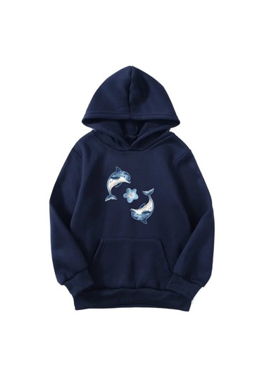 Unisex Oversize Şardonlu Kışlık İkili Yunusbalığı Baskılı Kapüşonlu Sweatshirt - Lacivert Lacivert