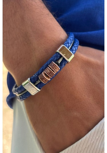 El İşçiliği İle Üretilmiş Hakiki Deri Erkek Bileklik Kahverengi - Mavi