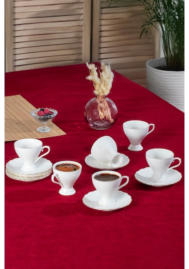 Porsima 4330 Emery 12 Parça 6 Kişilik Yaldızlı Porselen Türk Kahve Fincan Takımı Beyaz