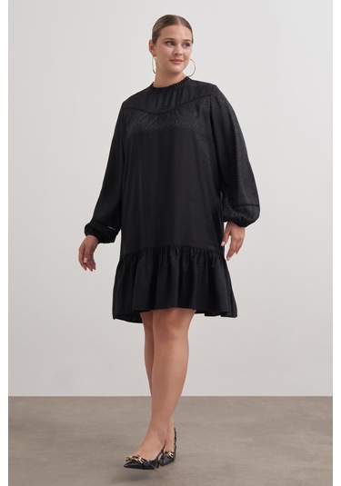 Şerit Detaylı Saten Elbise-3365 Siyah